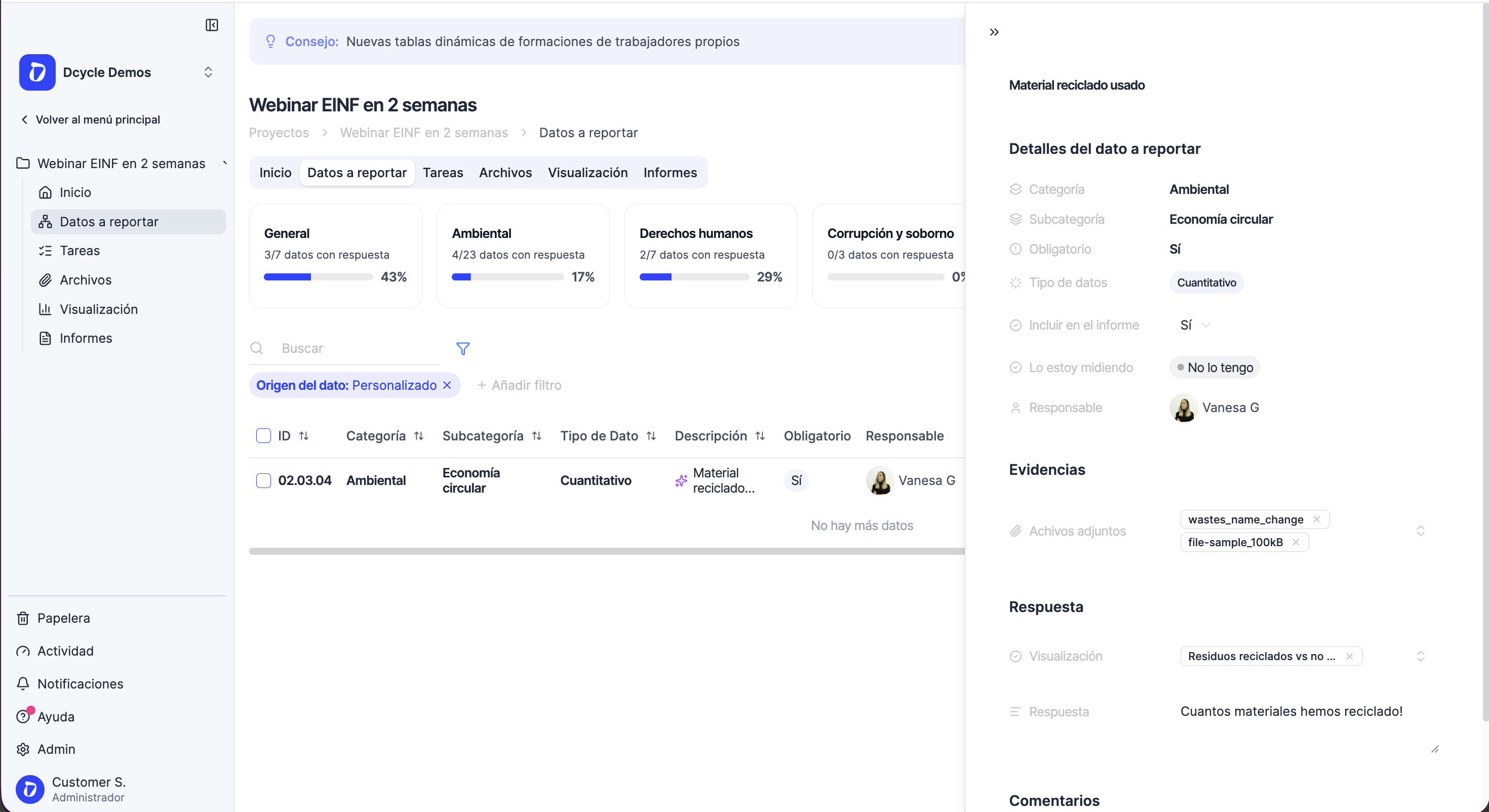 Datos de informe personalizados en EINF