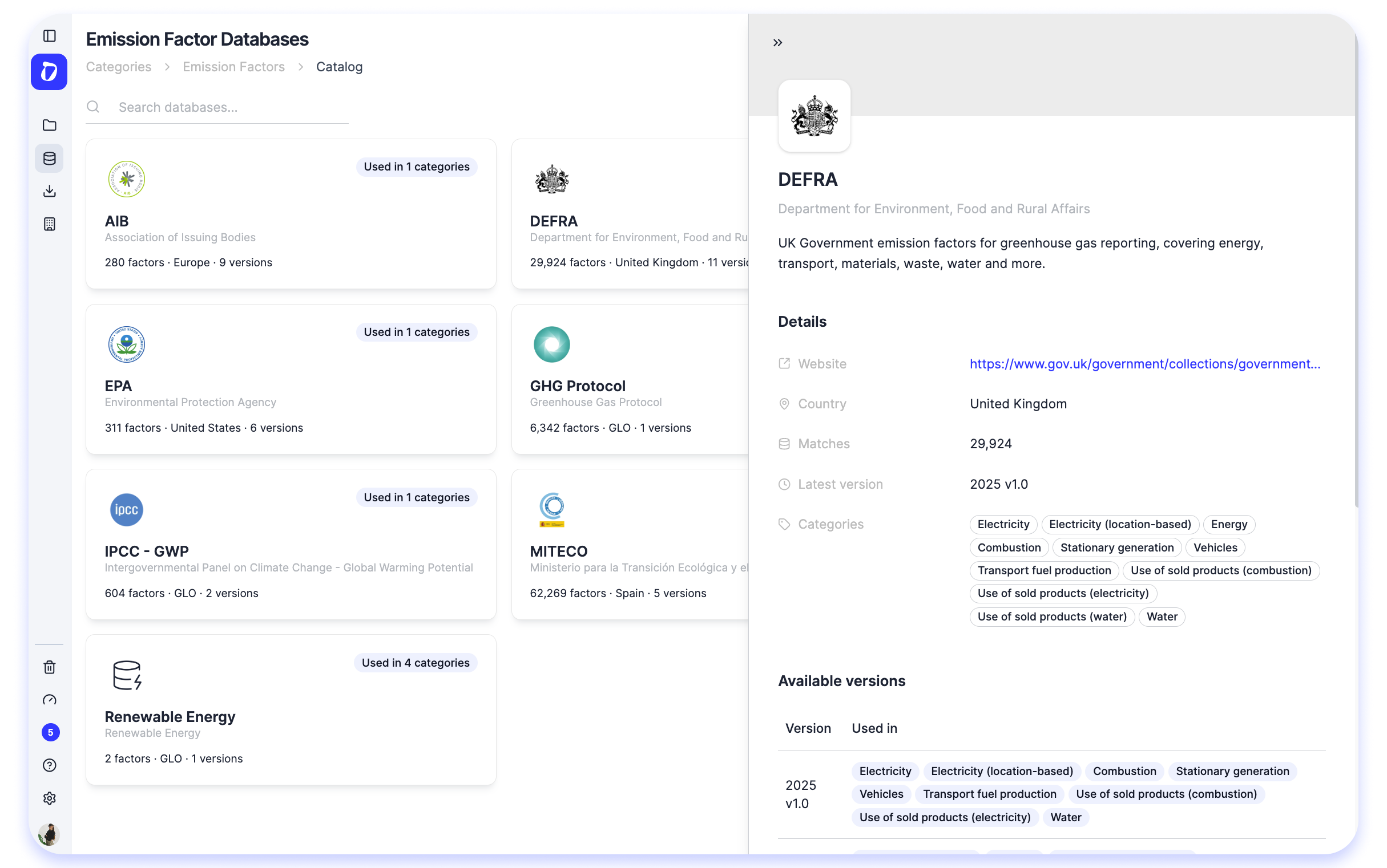 Emission factor database catalogue