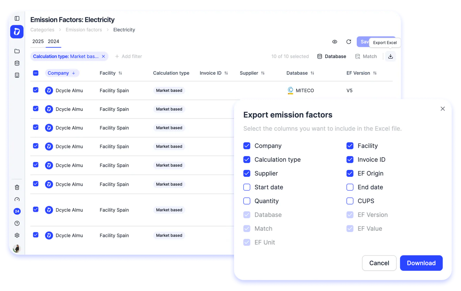 Download emission factors in Excel