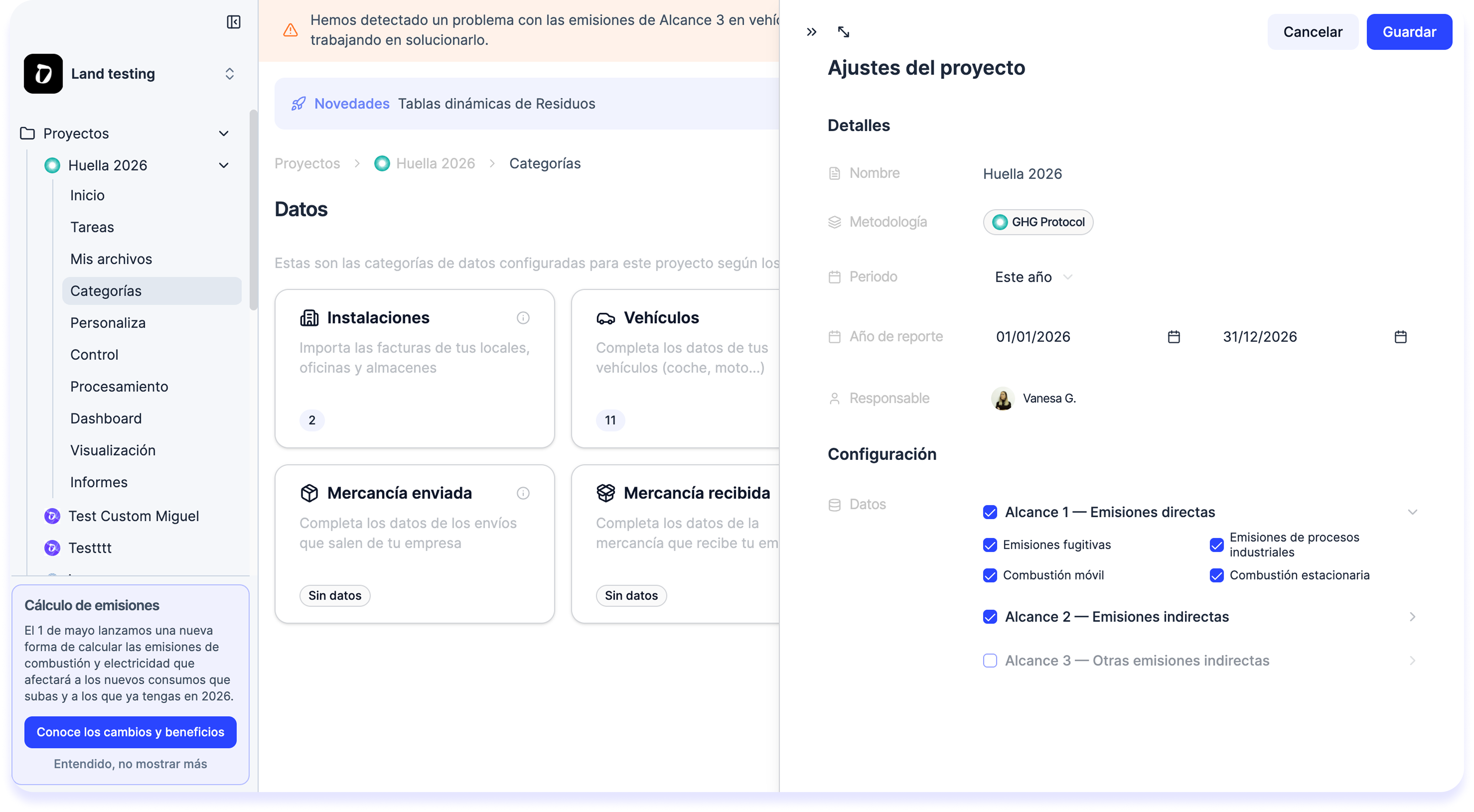 Tu proyecto GHG ya solo te muestra las categorías de datos que necesitas