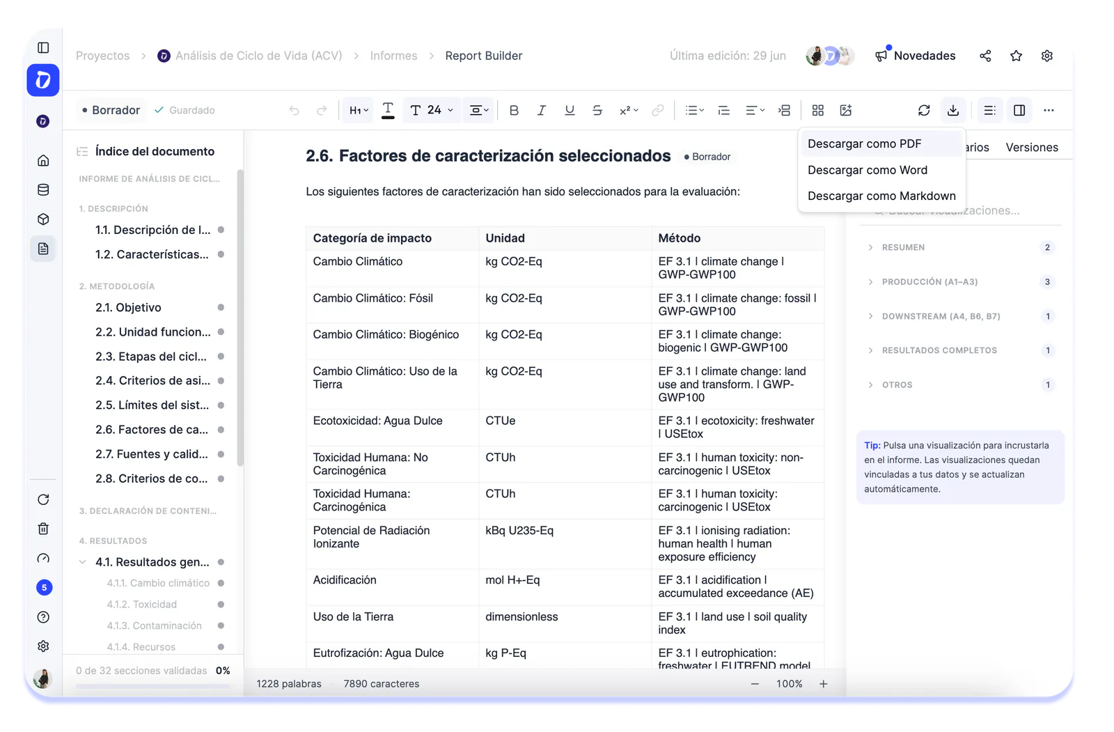 Ya puedes generar informes de ACV en PDF o Word
