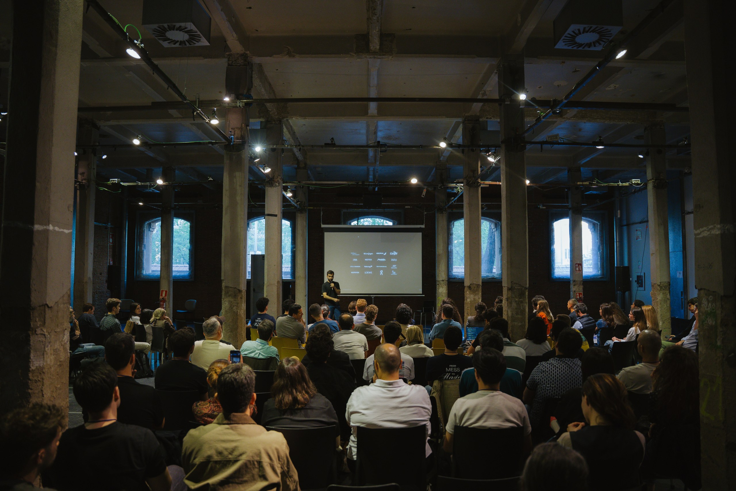 Full room view of the Ahead Madrid 2026 event at Central de Diseño DIMAD with 80+ attendees