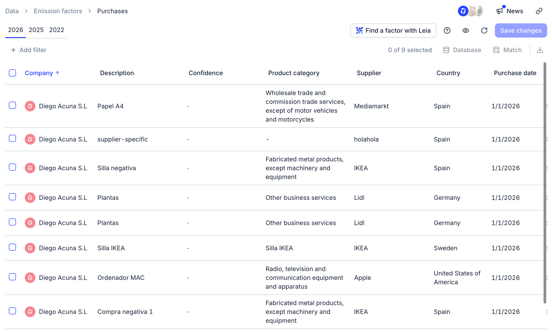 Purchases emission factors table with the Find a factor with Leia button