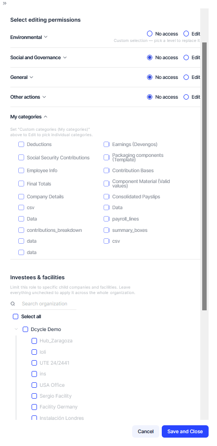 Editing permissions for a role, with category access switches and investee/facility scoping