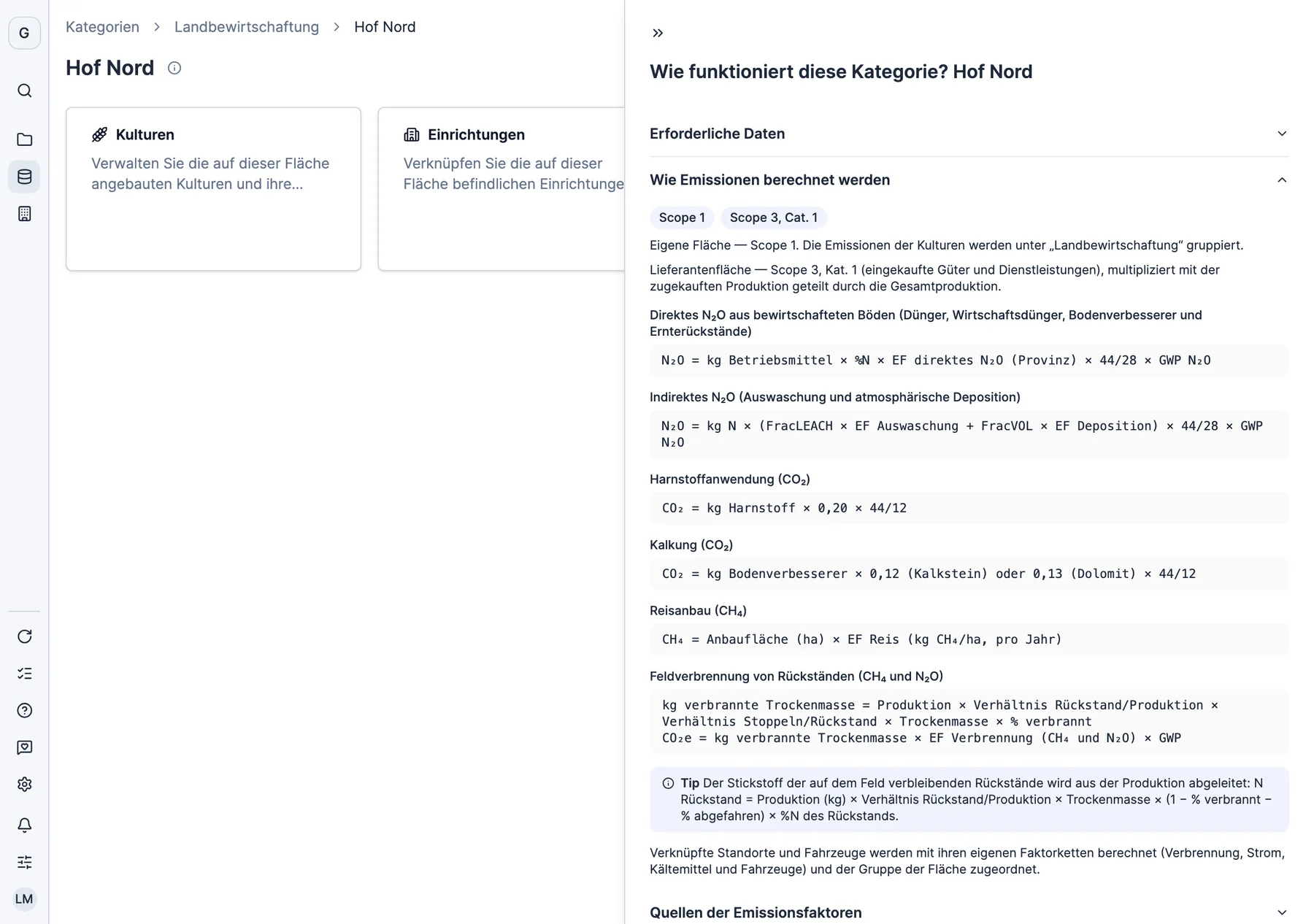 Die Methodik eines Betriebs in Dcycle: Scope 1 bei eigenen Flächen, Scope 3 bei Flächen eines Lieferanten, und die Formel jeder Emission
