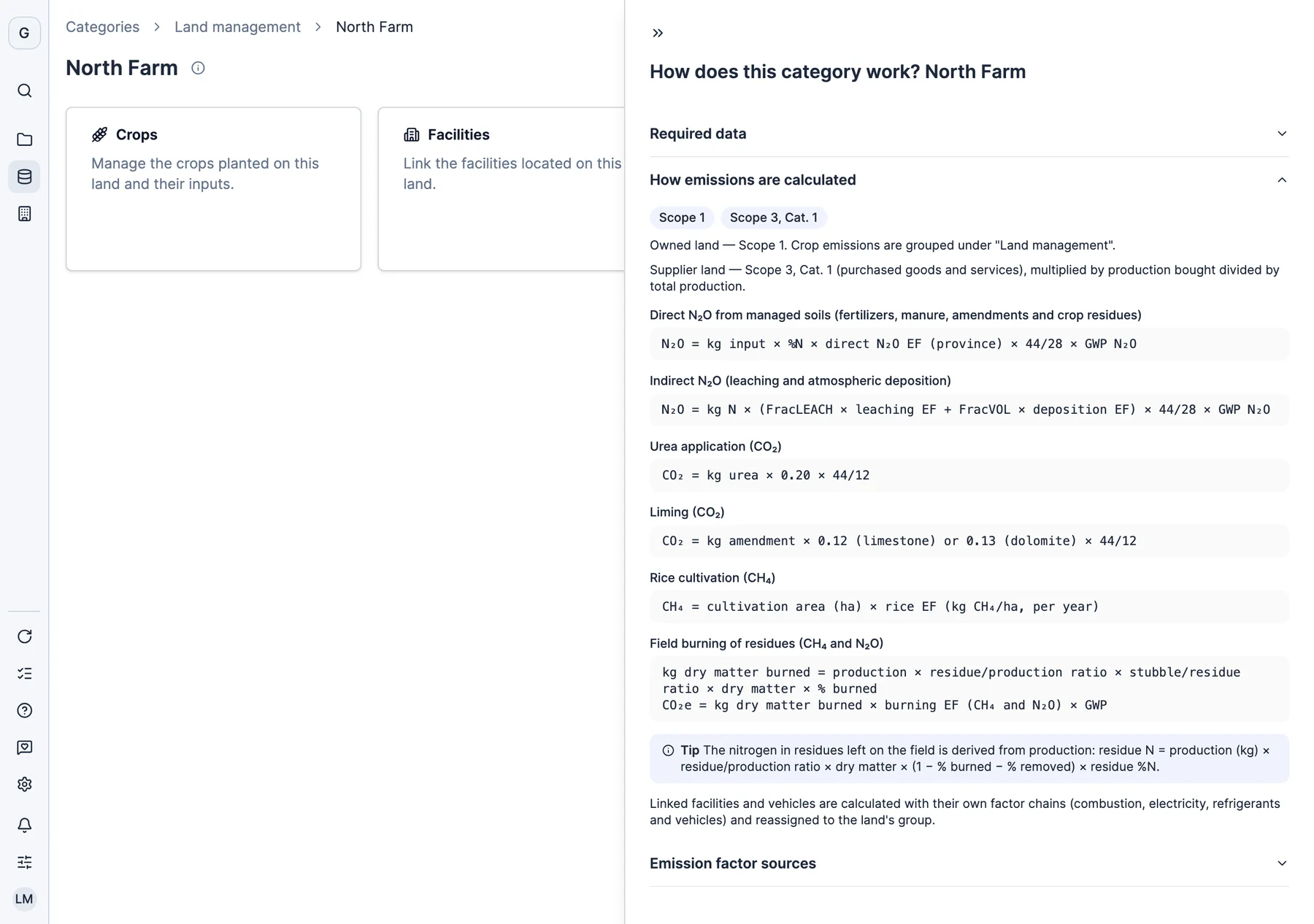 De methodologie van een perceel in Dcycle: scope 1 als het van uzelf is, scope 3 als het van een leverancier is, en de formule van elke emissie