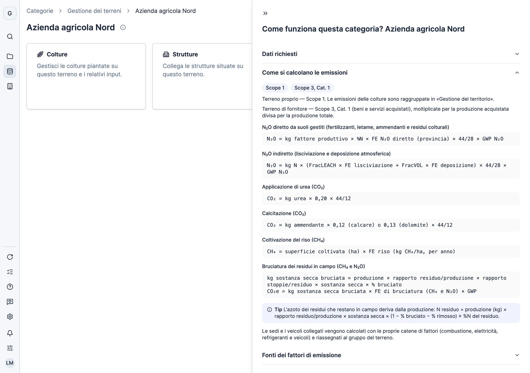 La metodologia di un terreno in Dcycle: Scope 1 se è di proprietà, Scope 3 se è di un fornitore, e la formula di ogni emissione