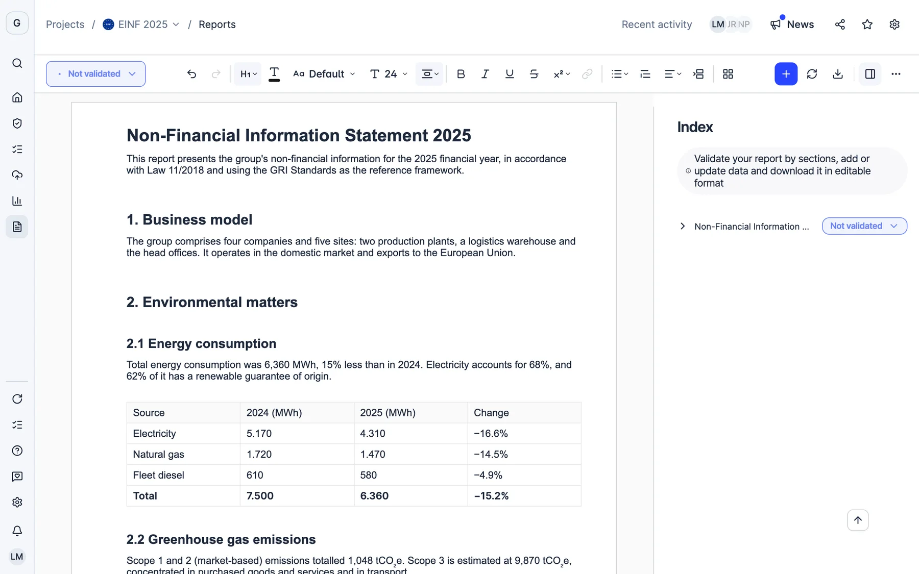 The Dcycle report builder with an EINF report and the prompt to refresh its data