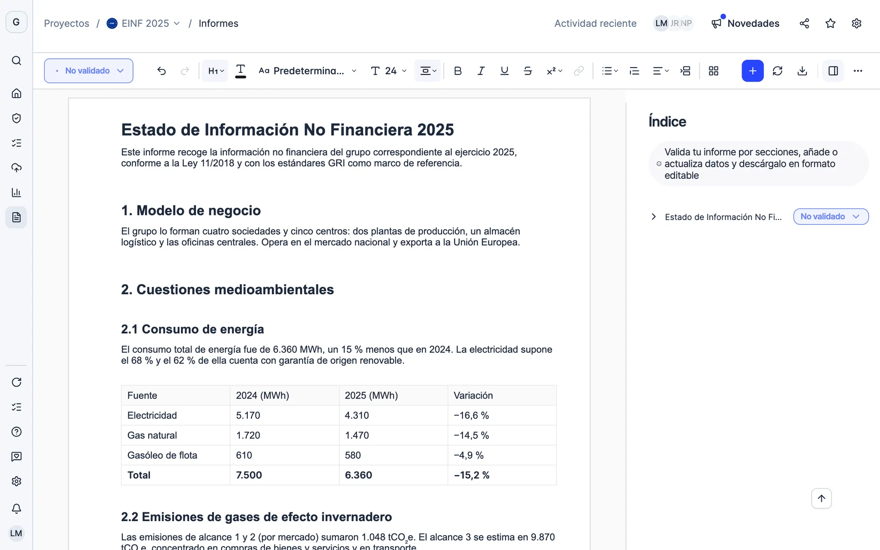 El generador de informes de Dcycle con un EINF y el aviso para actualizar sus datos