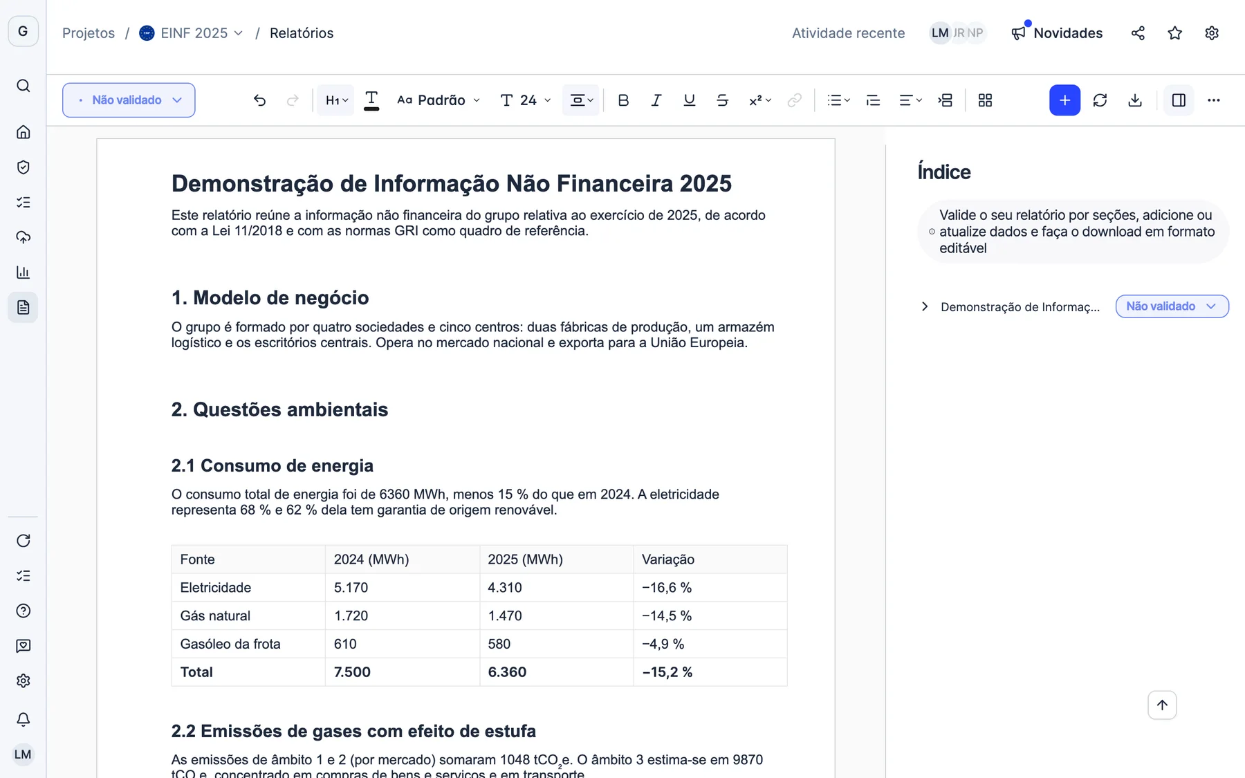 O gerador de relatórios da Dcycle com um EINF e o aviso para atualizar os dados